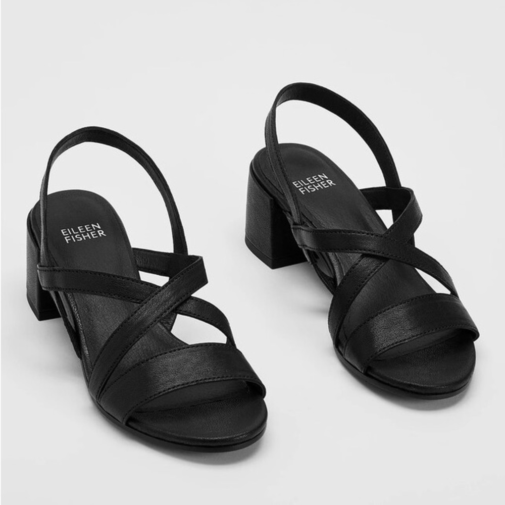 Eileen Fisher Black Leather Cross-Strap Slingback Sandals